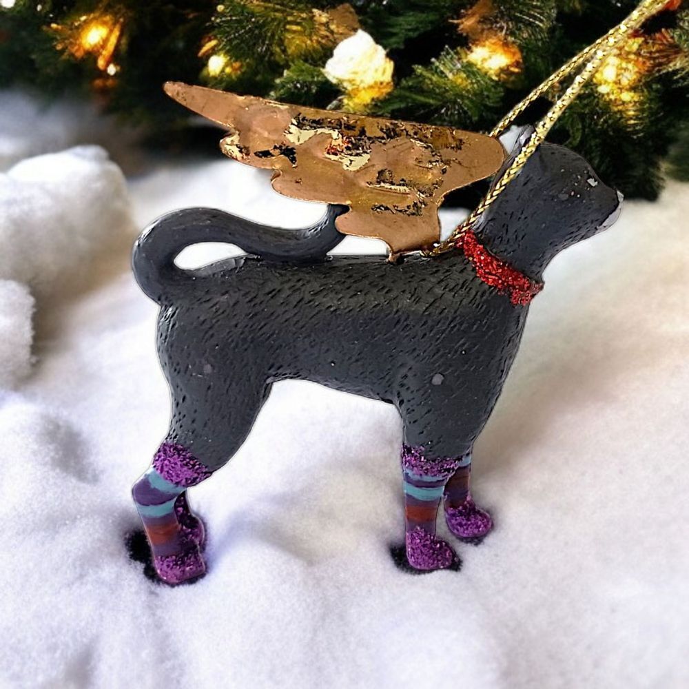 Vtg Black Cat Angel Ornament Gold Wings Purple Glitter Legs Christmas Halloween